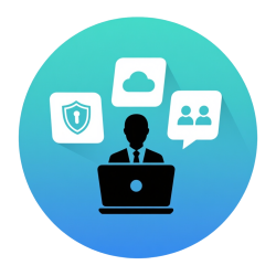 Person arbejder med teknologi og sikkerhedssymboler.